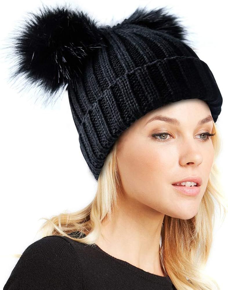 Womens Double Pom Pom Winter Beanie Bobble Hat Knitted Faux Raccoon Fur Detachable Ball Cap Adult... | Amazon (US)