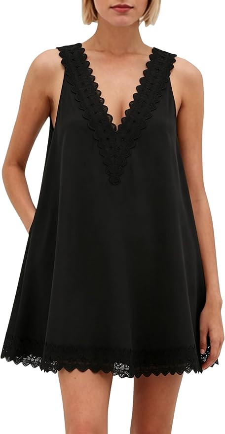Women’s Sleeveless V Neck Mini Dress Babydoll Lace Trim Flowy Summer Causal Lounge Boho Vacatio... | Amazon (US)