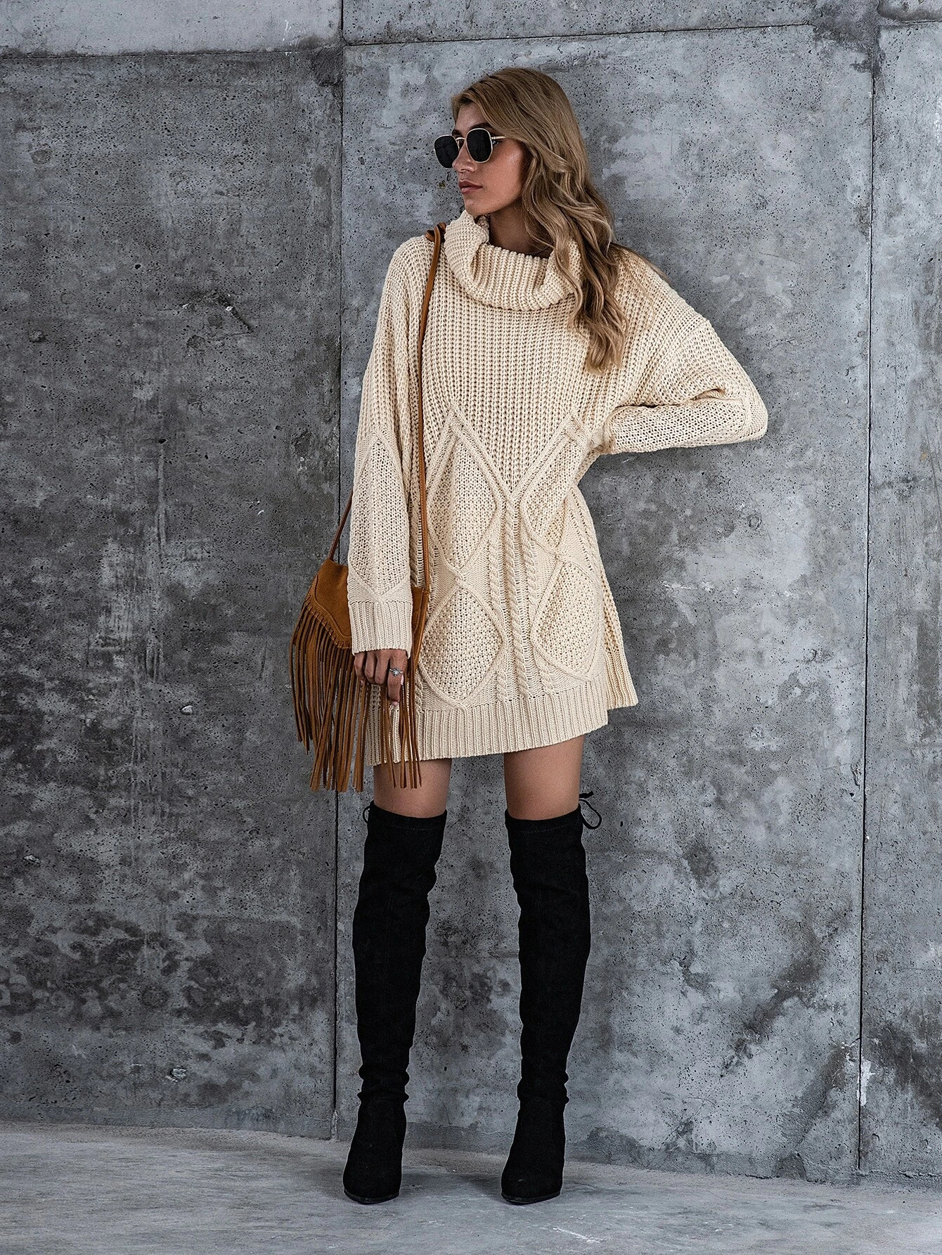 Cowl Neck Drop Shoulder Sweater Dress | SHEIN