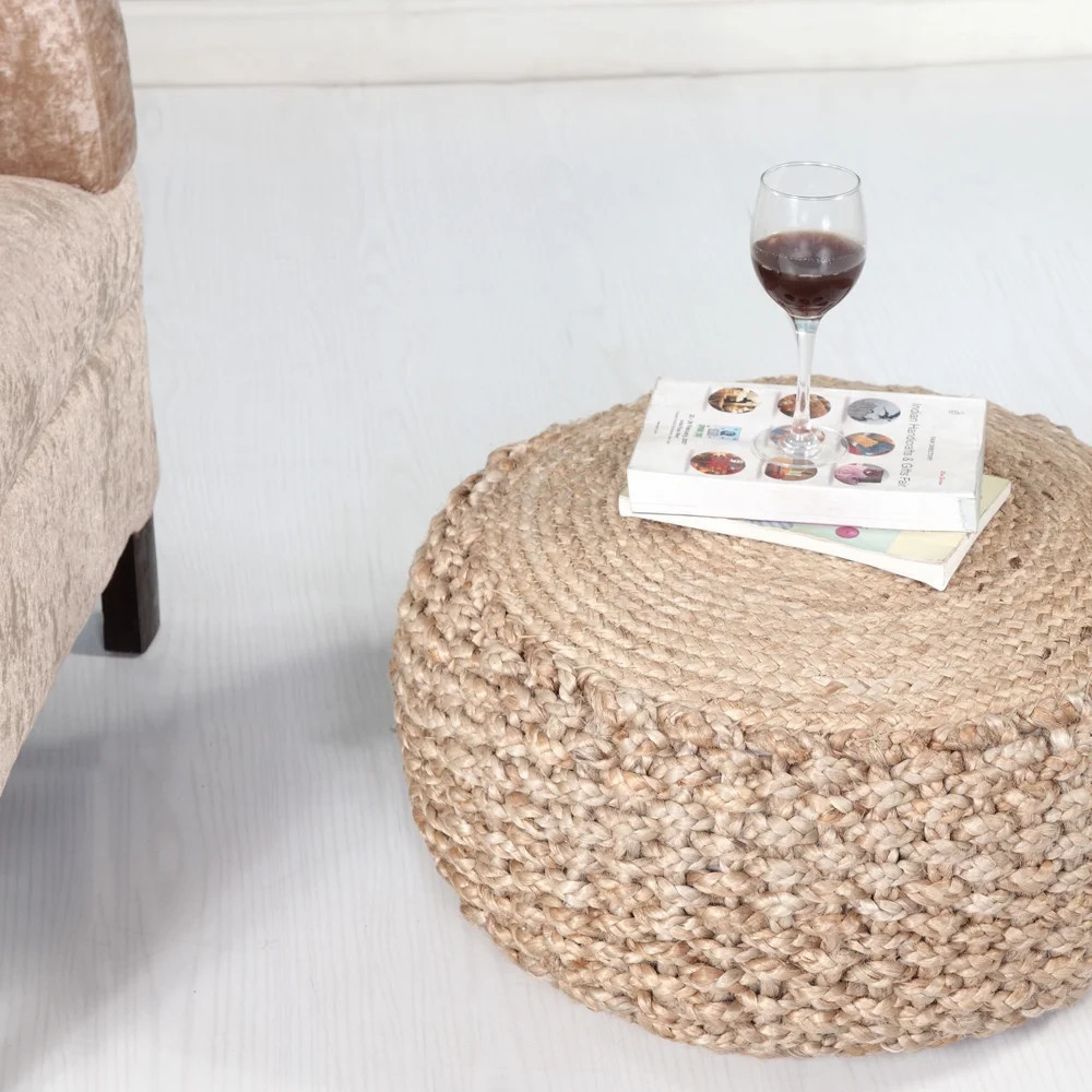 LR Home Natural Child Braided Jute Criss Knit Hemp Eco friendly Round 20 in. x 10 in. Pouf Ottoma... | Walmart (US)