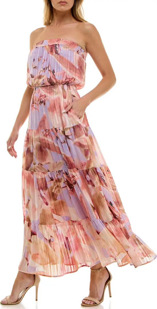 Metallic Floral Strapless Tiered Maxi Dress | Nordstrom