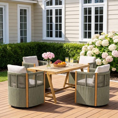 Christopher Knight Home Carter Patio Modern Acacia Wood 5-Piece Outdoor Dining Set with Rectangular Table and 4 Rope Swivel Chairs, Light Gray/Beige | Target