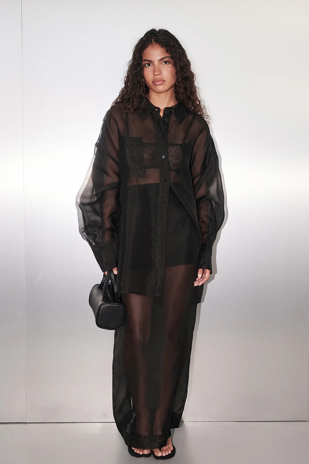 SIAN BLACK SILK ORGANZA MIDI SKIRT | DISSH