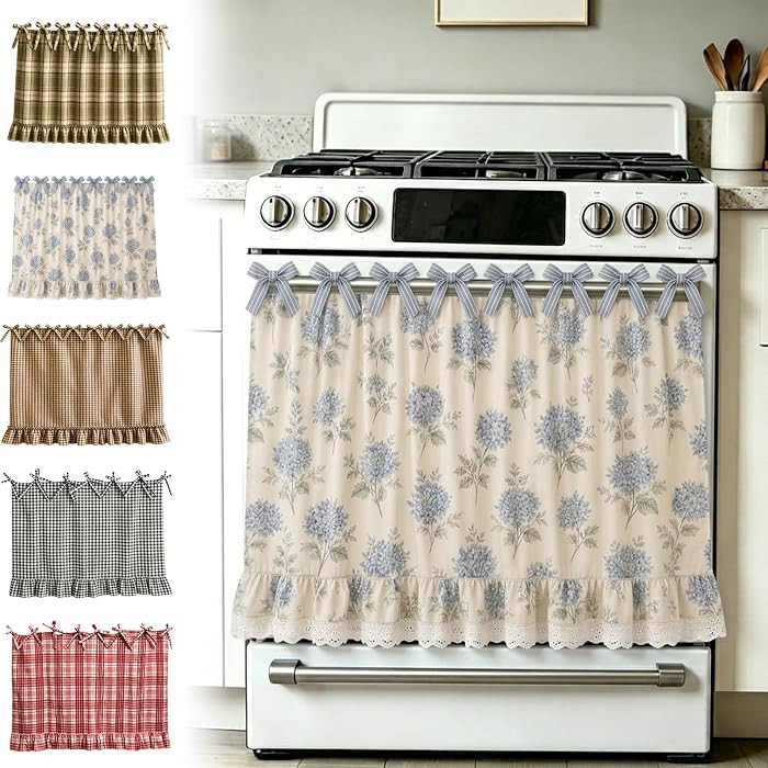 Farmhouse Oven Skirt, Blue Handmade Oven Curtain for Stove, Vintage Blend Vintage Oven Skirt Curtain for Farmhouse Cottage Dishwasher Kitchen Decor, with Ruffles and Ribbon Ties (Blue) | Amazon (US)