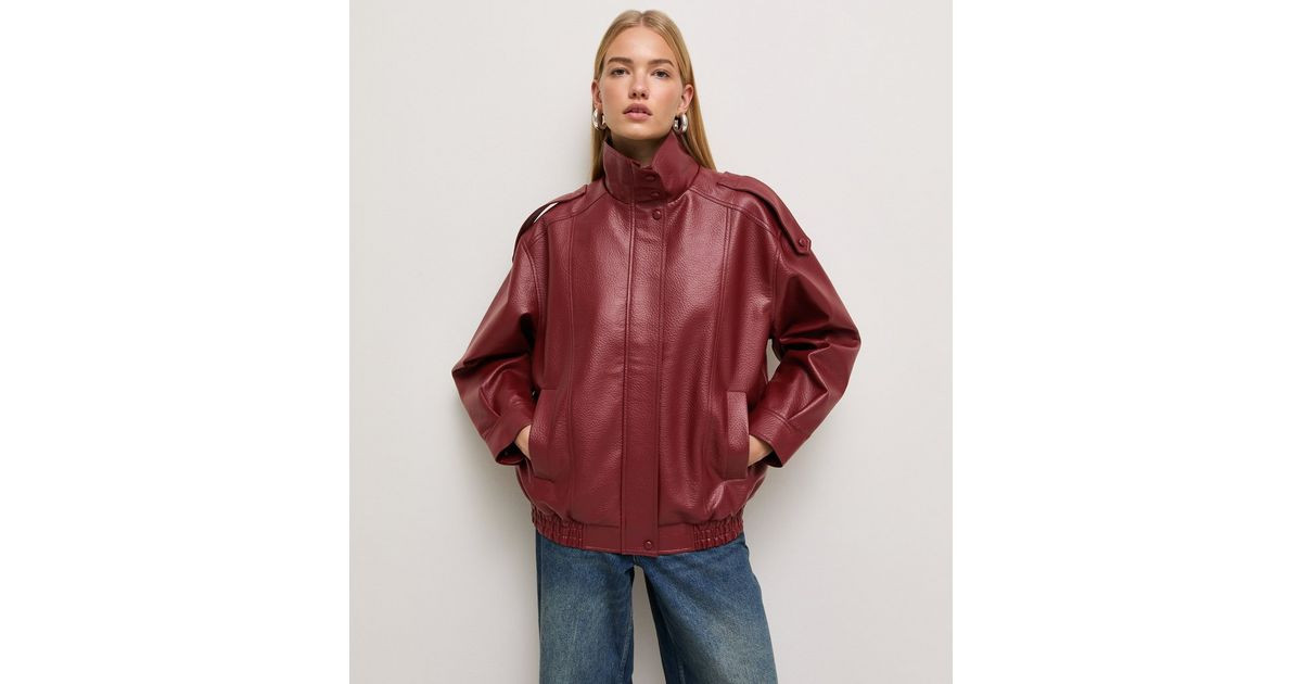 Women's Dark Red Faux Leather Funnel Neck Oversized Jacket New Look | New Look (UK)