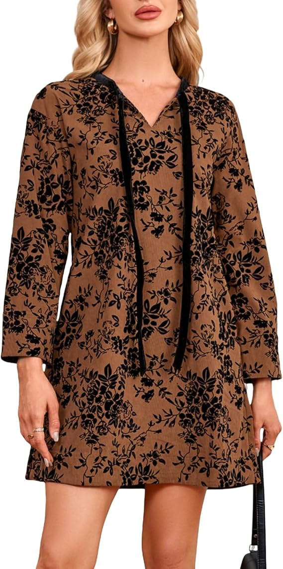 Women's Floral Corduroy Mini Dress Long Sleeve V Neck Shift Dress with Pockets | Amazon (US)