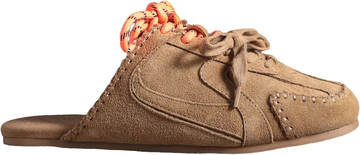 Women’s Suede Sneaker Mules Lace‑Up Backless Fashion Sneakers Casual Comfort Slip-On Flat Shoes | Amazon (US)