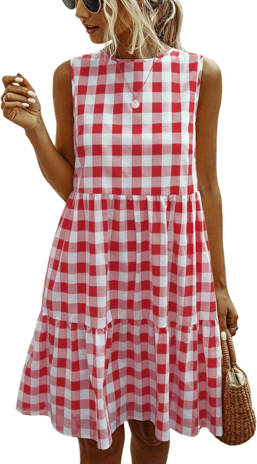 ECOWISH Women Dresses Plaid Sleeveless Summer Casual Sundress A Line Loose Swing T Shirt Mini Dre... | Amazon (US)