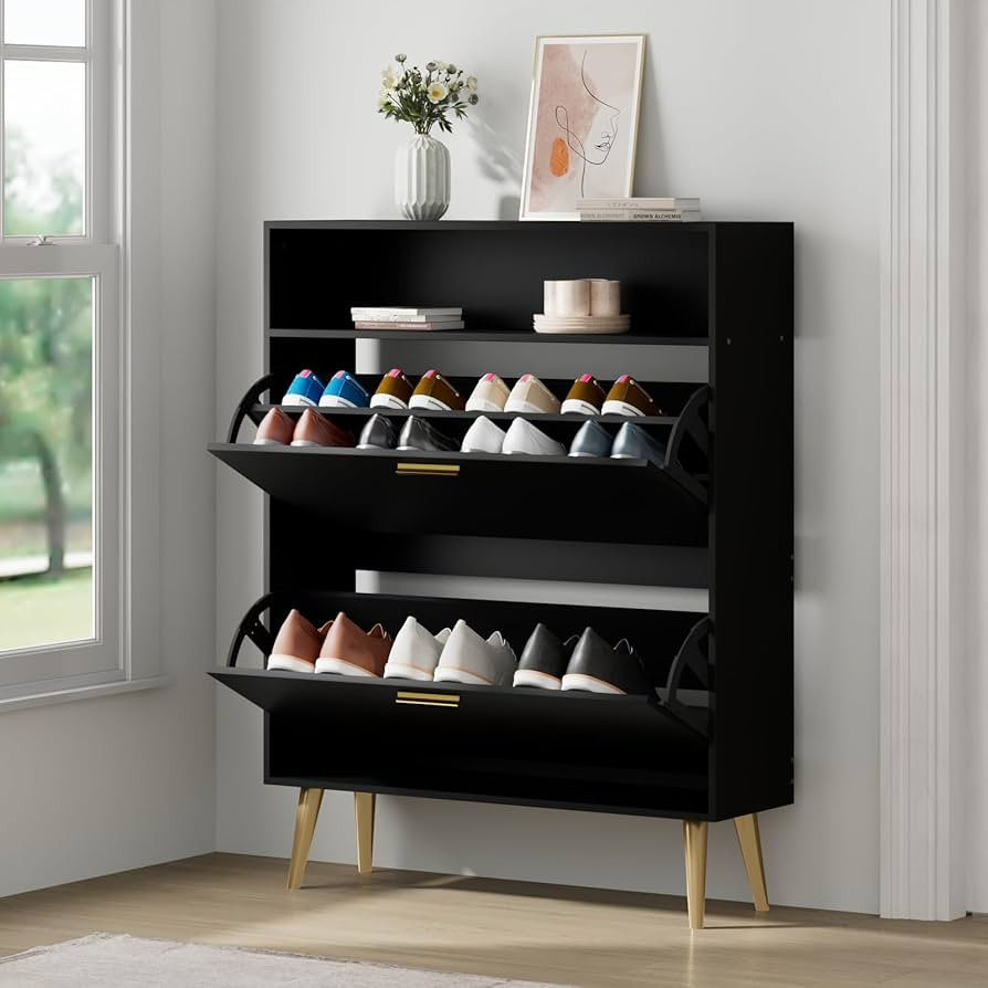 JOZZBY Shoe Cabinet for Entryway Slim, Black Shoe Cabinet with 2 Flip Drawers and Top Storage, Hi... | Amazon (US)