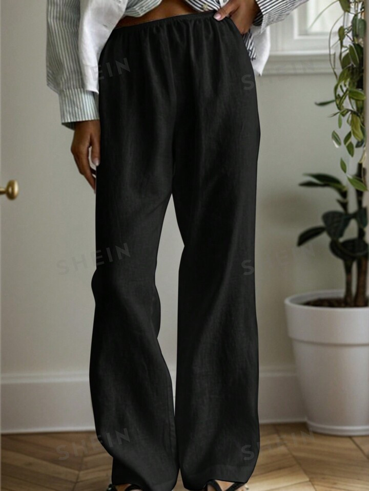 SHEIN EZwear Casual effen kleur elastische taille wijde pijpen katoenen linnen broek | SHEIN