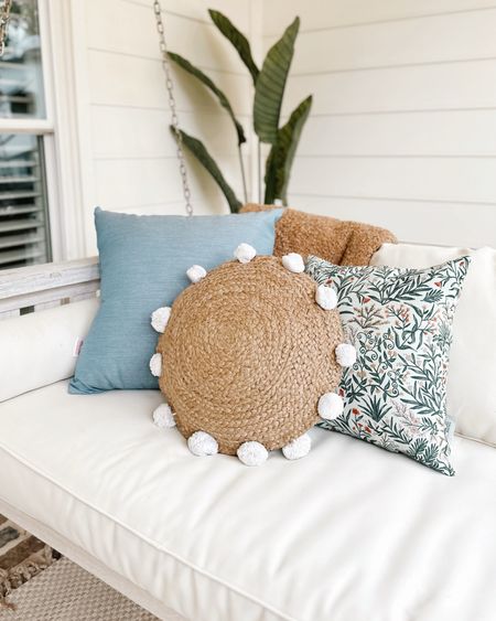 Outdoor front porch rocking chair and swing pillow decor from Lowe’s that is perfect for a Spring refresh- outdoor pillows, faux palm tree plant and ceramic scalloped planter 🌷 #frontporch #patio #lowes #spring #lowespartner #ad 

#LTKhome #LTKSeasonal #LTKstyletip