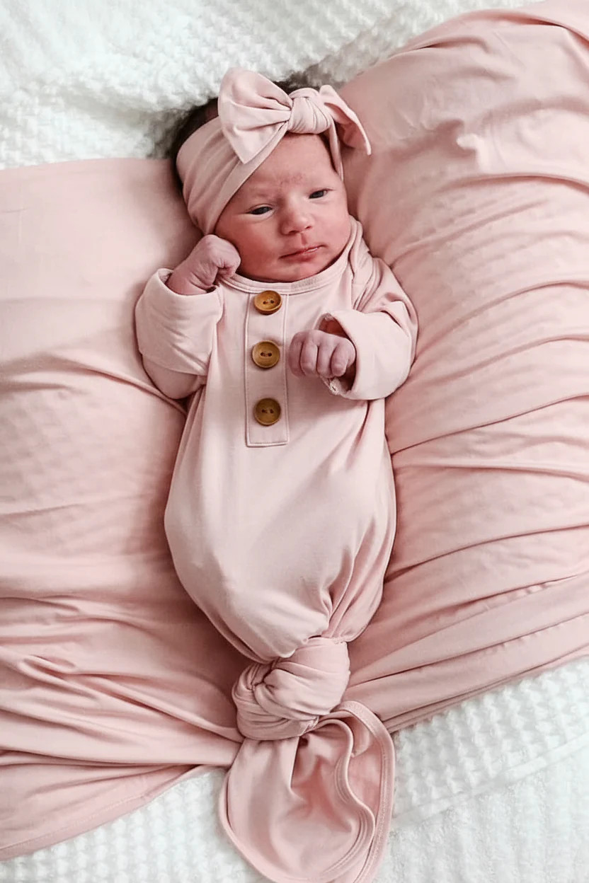 Solid Petal Pink Bamboo Baby Knot Gown & Hat | Caden Lane
