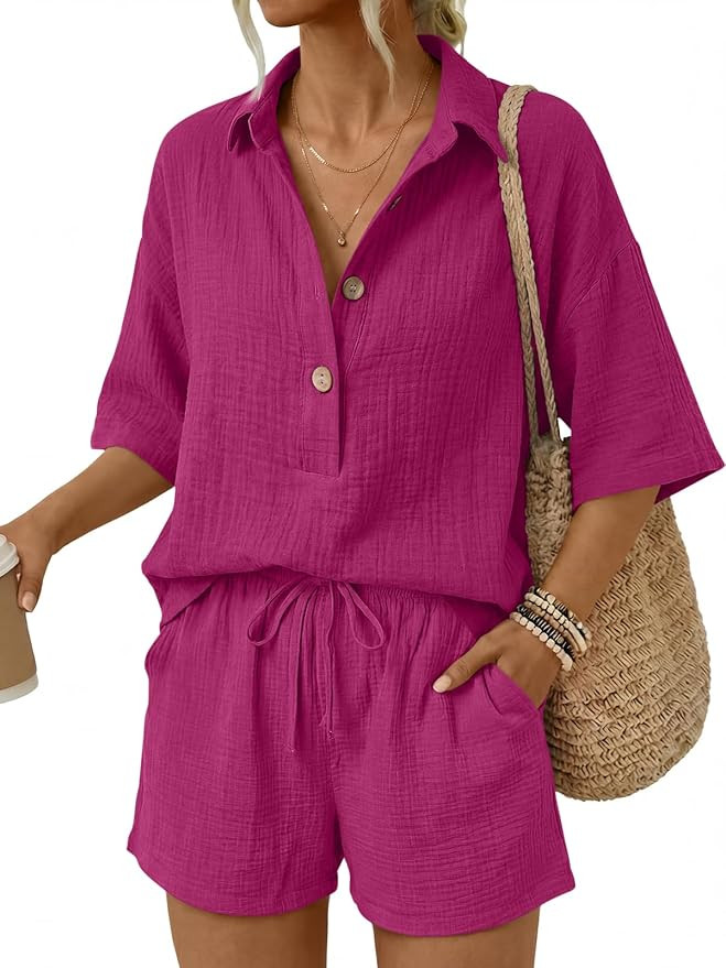 Amazon.com: LILLUSORY Women 2 Piece Linen Short Sets 2026 Summer Vacation V Neck Short Sleeve Bea... | Amazon (US)