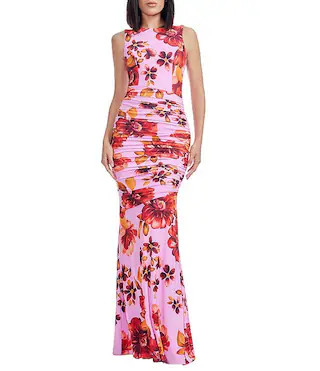 Dress the PopulationVioletta Round Neck Sleeveless Floral Print Chiffon Ruched Maxi Dress | Dillard's