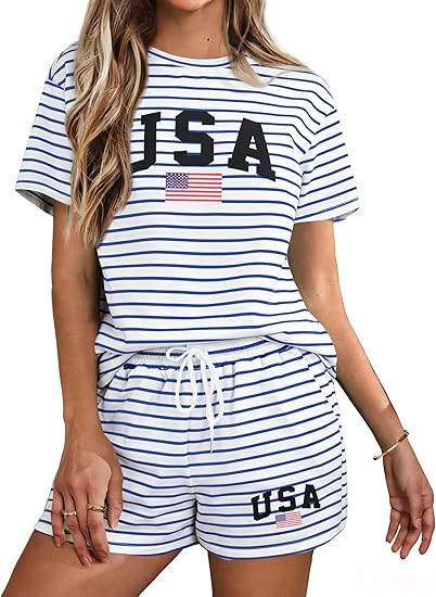 ASTANFY USA 2 Piece Short Sets 4th of July Outfits for Women Patriotic Shirts American Flag 2 Pie... | Amazon (US)