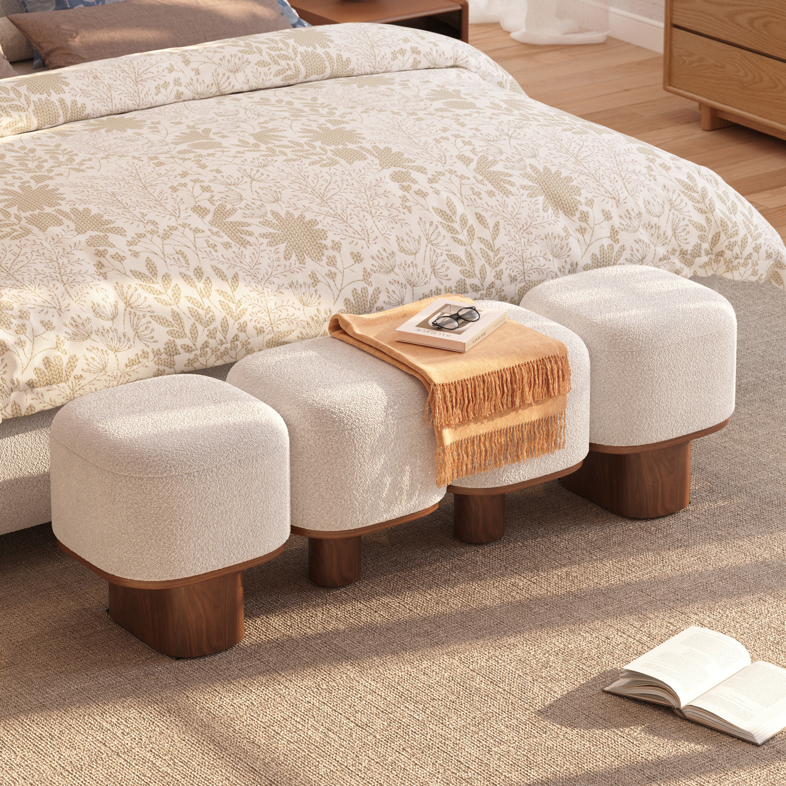 56"" Modern Boucle Bedroom Bench with Rubber Wood Legs | Homary