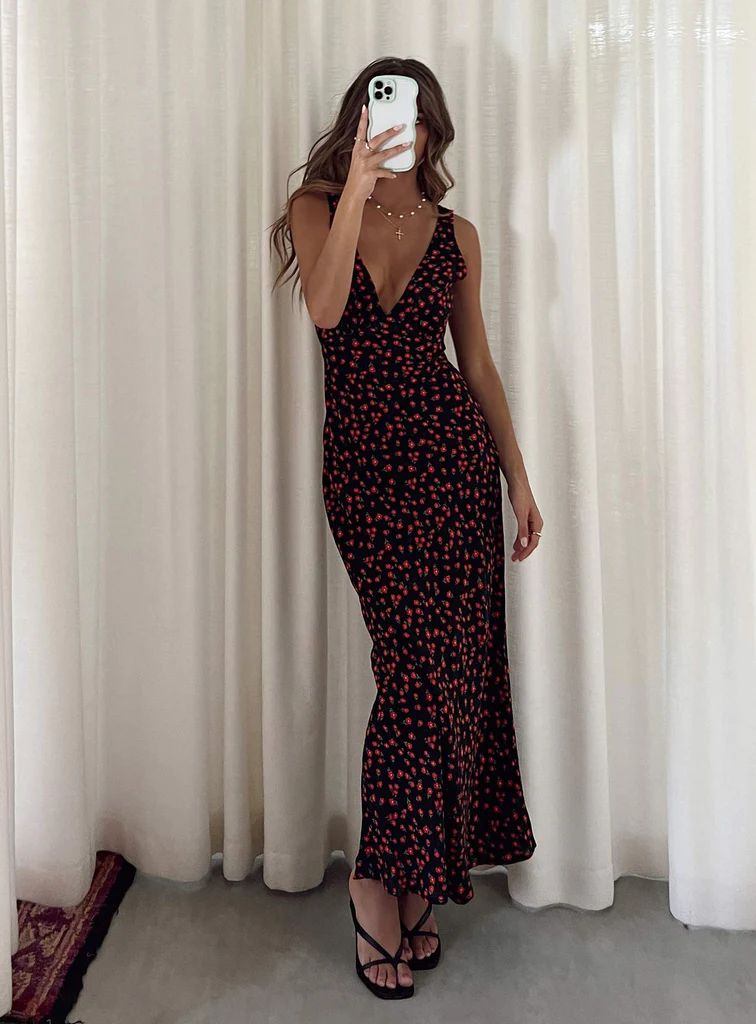 Nellie Maxi Dress Black/Red Floral | Princess Polly US
