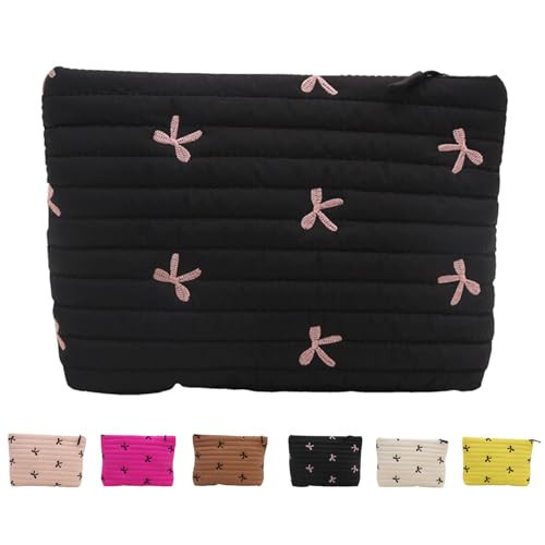 Puffy Makeup Bag for Women,Cute Bow Make Up Pouch,Zipper Nylon Cosmetic,Preppy Toiletry Organizer,for Travel Christmas (Black) | Amazon (US)