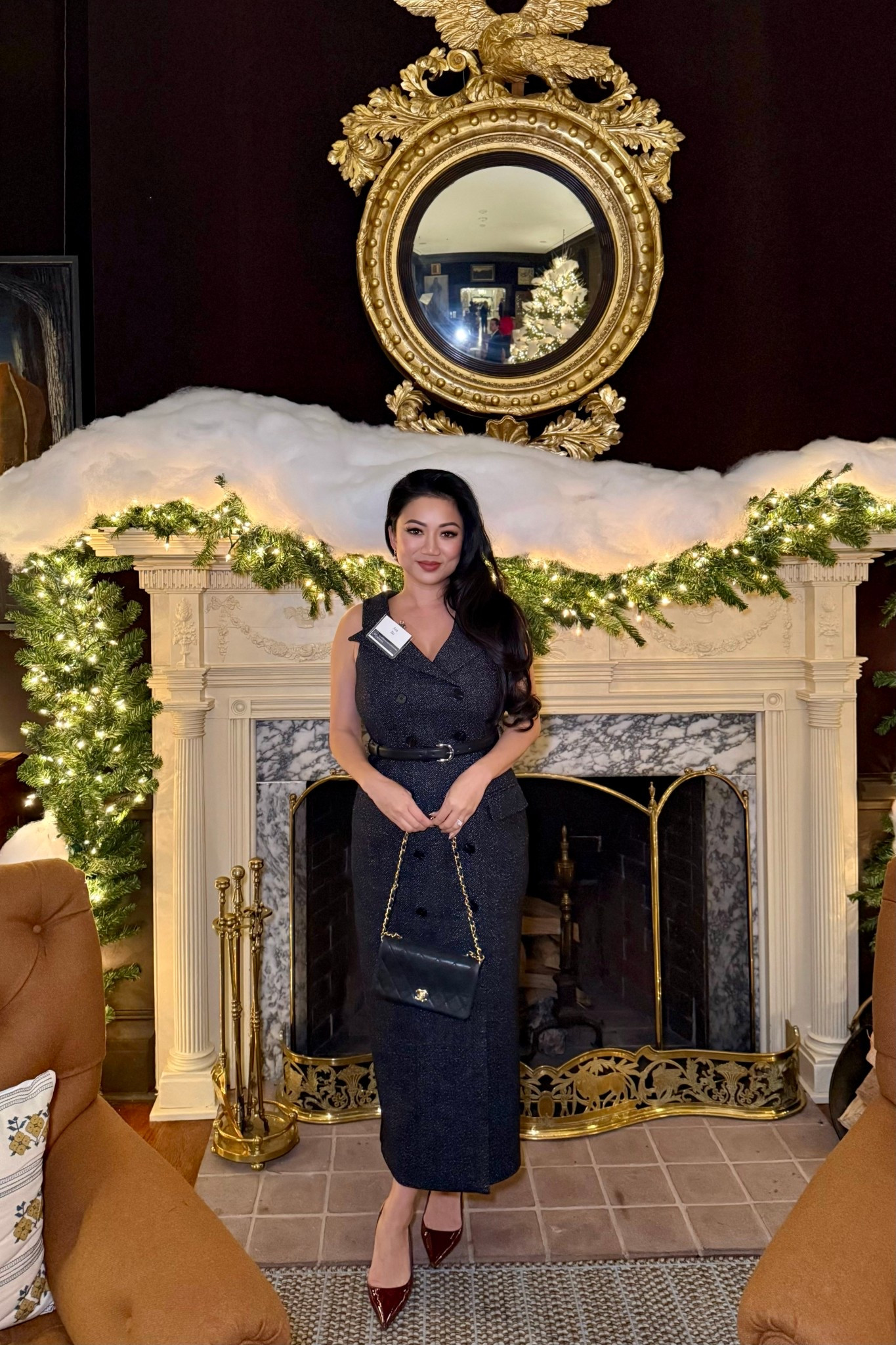 Self-Portrait Navy Boucle Midi Dress // Tailored to flatter, this double-breasted navy bouclé dress exudes refined elegance. An open neckline frames the figure above a sleek midi skirt with removable belt.

#LTKHoliday #LTKWorkwear #LTKOver40