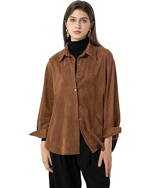 Ababalaya Women Super Soft Button Down Suede Shirt Long Sleeve Blouse Top | Amazon (US)