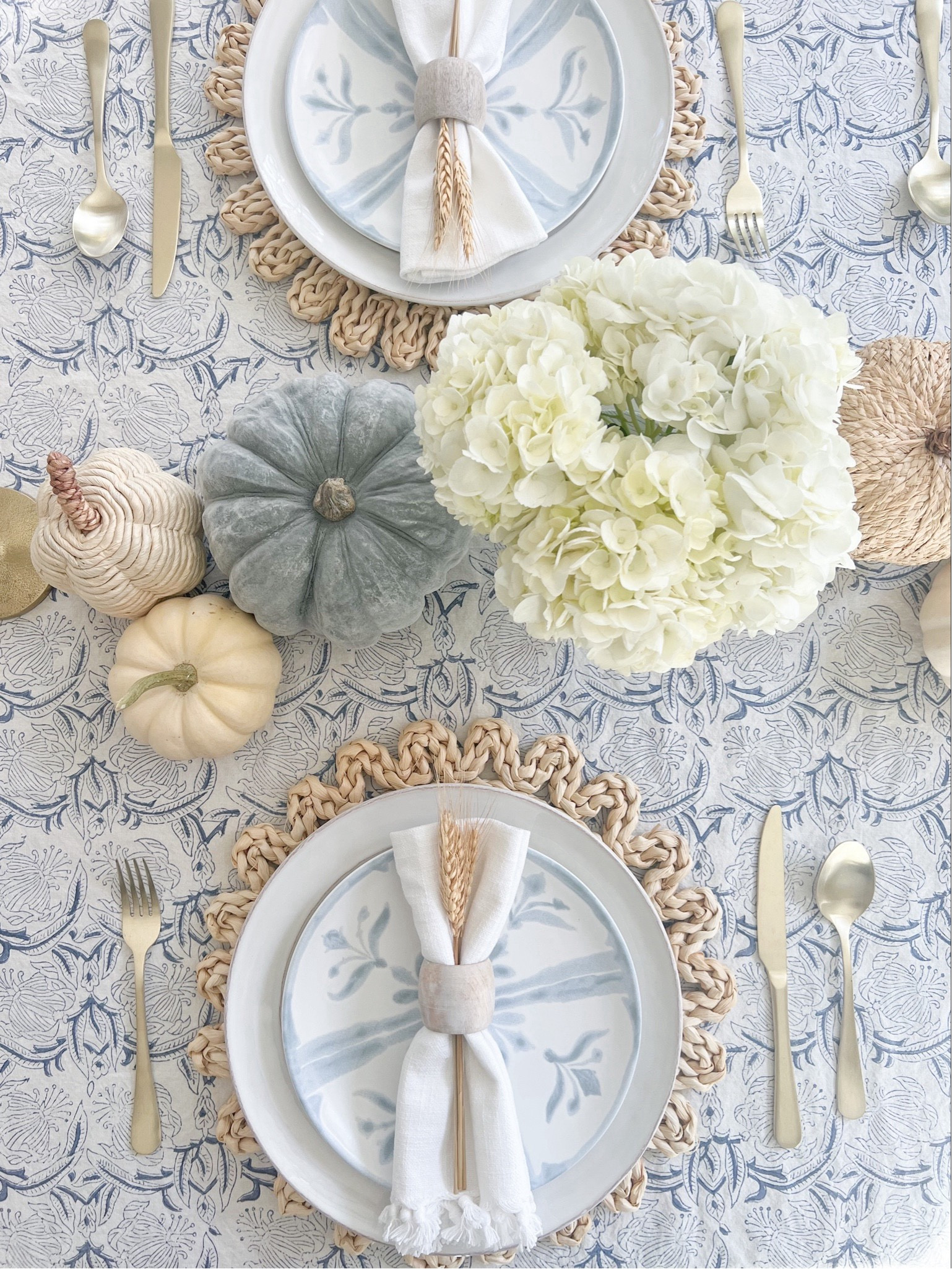 Keeping things light and airy with this year’s blue & white Thanksgiving tablescape!
-
Coastal tablescape ideas, Thanksgiving place setting, thanksgiving table, amazon tablescape, amazon placemats, gold flatware, white dinner plates, blue & white plates, pottery barn plates, dining room chairs, rope chairs, gray dining chairs, dining room rug, wool jute rug, vases, pumpkins, fall tablescape, coastal dining room ideas, blue and white tablecloth, amazon tablecloth, amazon tablecloth, white napkins, napkin rings, coastal Thanksgiving, white hydrangeas

#LTKFindsUnder100 #LTKFindsUnder50 #LTKHome