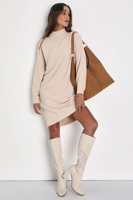 Cozy Stroll Beige Mock Neck Button Mini Sweater Dress | Lulus (US)