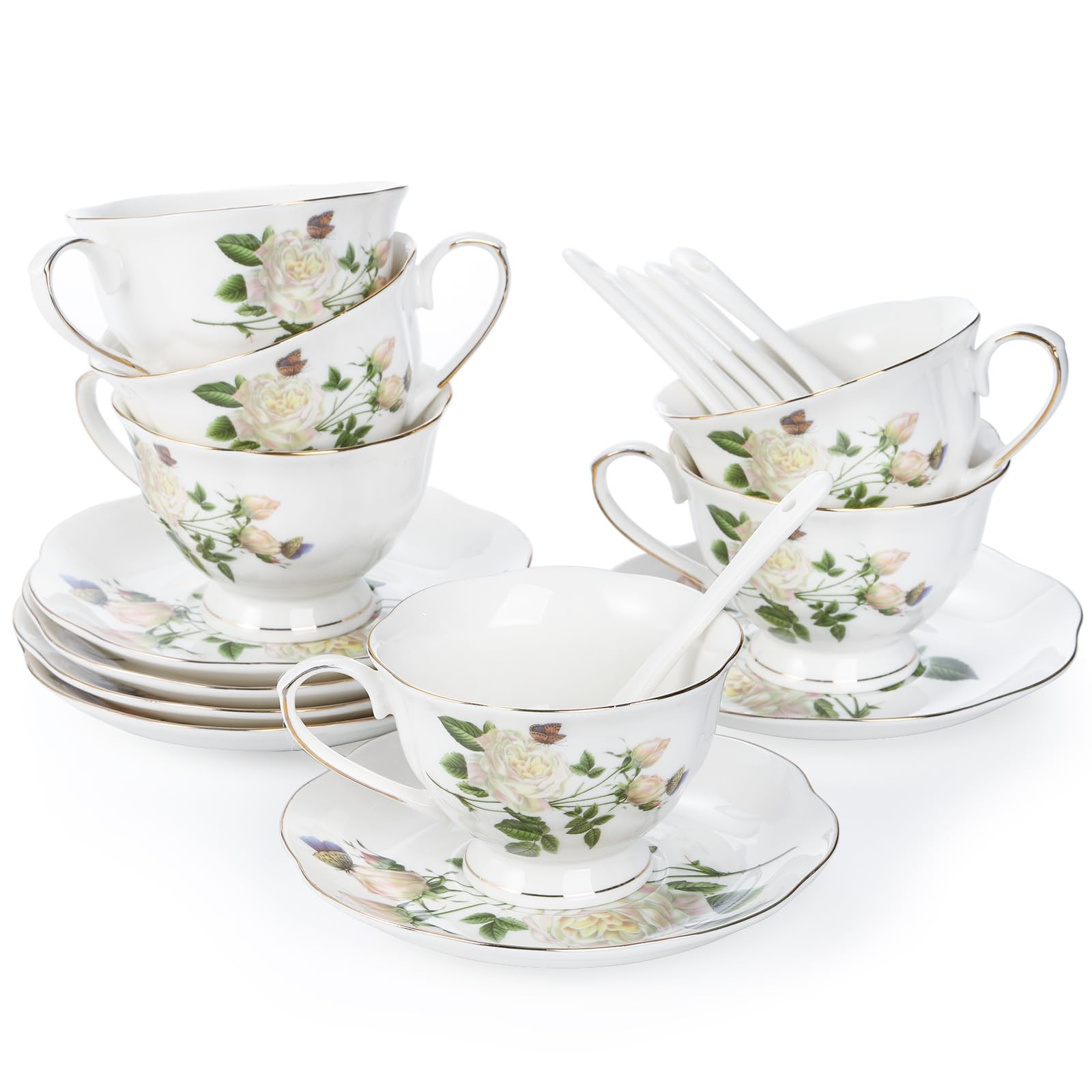 Foraineam Tea Cup and Saucer Set, Porcelain Ivory Floral Coffee Cups with Saucers and Spoons, 6 o... | Amazon (US)