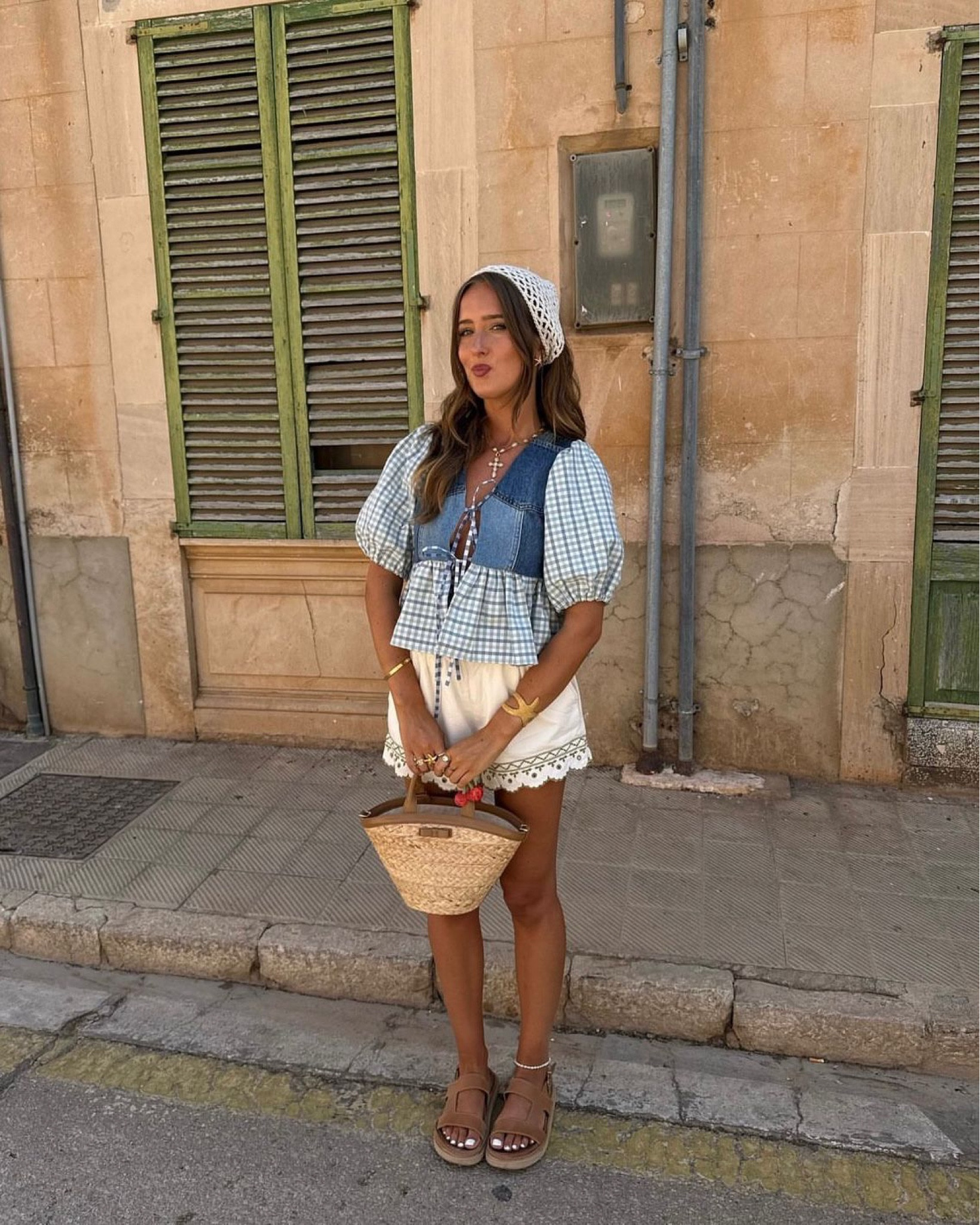 Holiday outfit, summer fashion, gingham front tie blouse, denim, baby blue top, white crochet shorts, aloha sandals, crochet head scarf, city break, summer day, picnic outfit, boho

#LTKuk #LTKeurope #LTKsummer