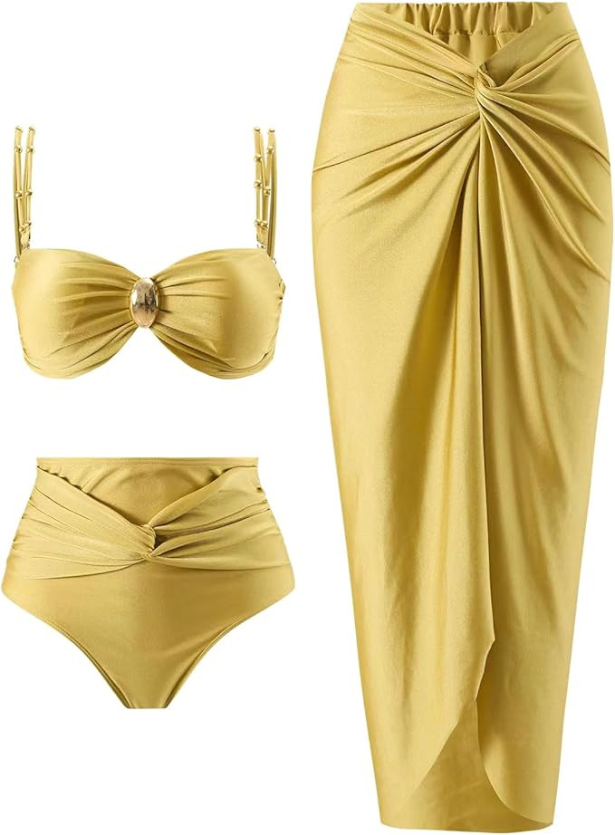 Women's One Piece Swimsuit with Cover up Set Beach Wrap Skirt Retro Bikini Set Two Piece Bathing ... | Amazon (US)