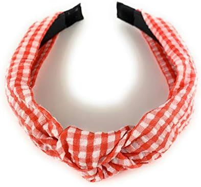 Amazon.com : Coral Red White gingham turban knot headband plaid fabric covered band grip teeth gi... | Amazon (US)