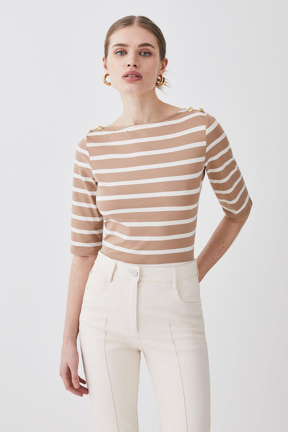 Military Trim Cotton Slash Neck Stripe Top | Karen Millen UK + IE + DE + NL