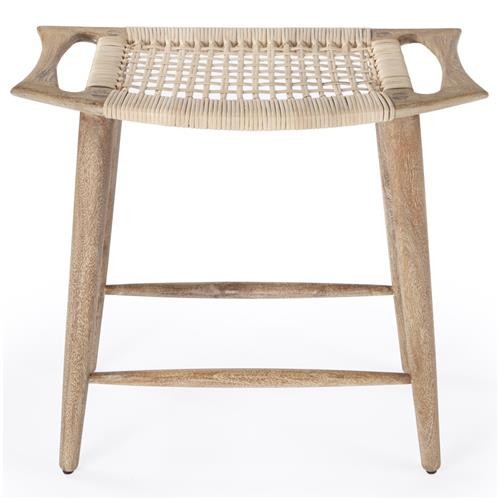Cynthia Coastal Beach Beige Woven Cane Seat Brown Mango Wood Backless Counter Stool | Kathy Kuo Home