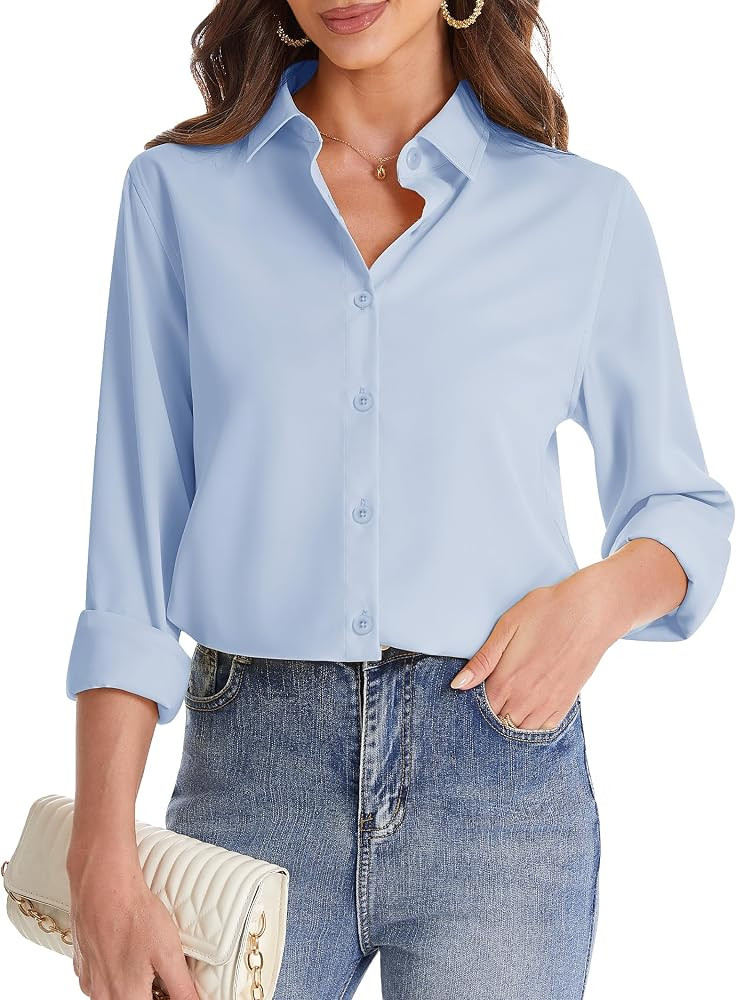 J.VER Women's Button Down Shirt Long Sleeve Solid Dress Shirts Chiffon Work Office Blouse Fashion... | Amazon (US)