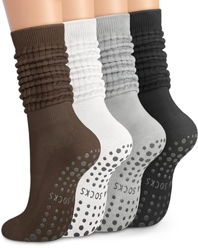 YSense 4 Pairs Pilates Socks with Grips for Women Non Slip Long Slouch Socks Yoga Grippy Sock Slouchy Barre Hospital Slipper | Amazon (US)