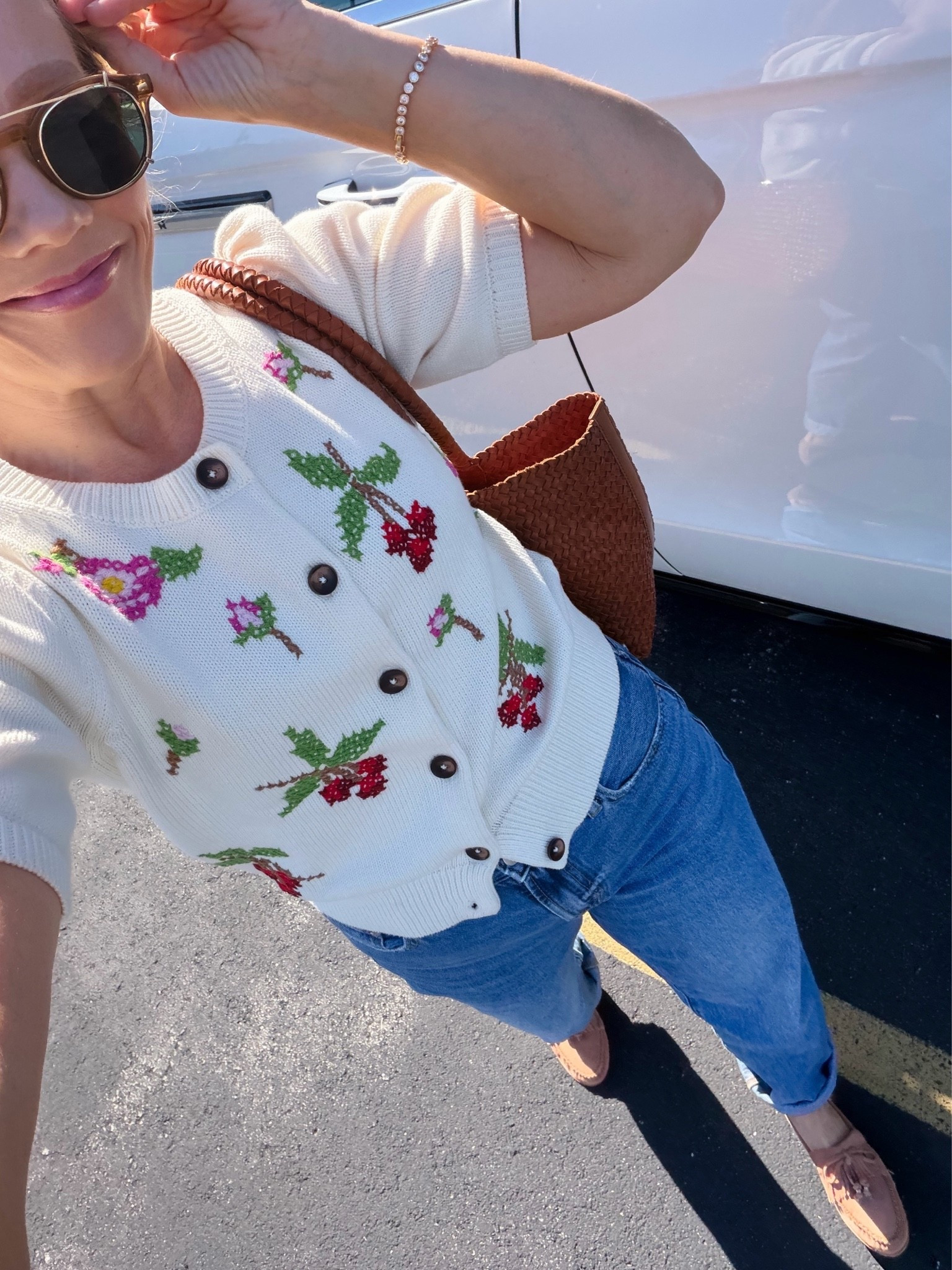 HI! Boden sweater is now 40% off, wearing m y regular size small. Pistola boyfriend jeans are my most worn, are an easy fit but still wearing my regular size, code 15LATELY to save. Freda Salvador loafers are on heavy repeat lately, fit true to size and code LATELY10 to save. Madewell everyday woven tote and Jimmy Fairly sunnies. xo, Claire