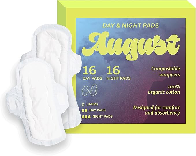 August Organic Menstrual Day and Night Pads, 100% Certified Organic Cotton, Compostable Wrappers,... | Amazon (US)