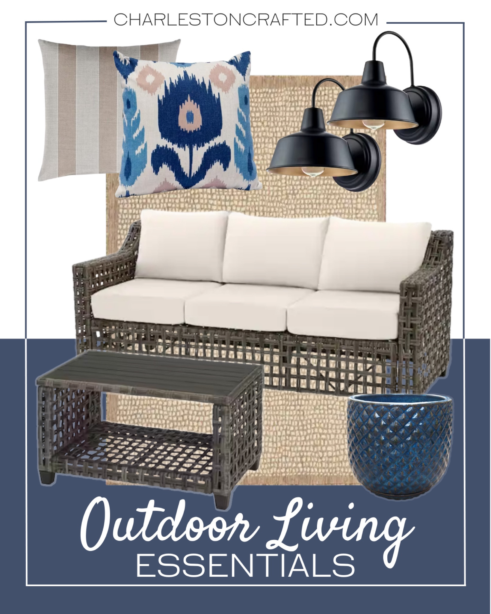 Outdoor living essentials include outdoor sofa, outdoor coffee table, outdoor rug, outdoor planter, outdoor lighting, outdoor throw pillows.

Home decor, outdoor decor, outdoor entertainment, patio furniture, patio decor

#LTKstyletip #LTKSeasonal #LTKhome