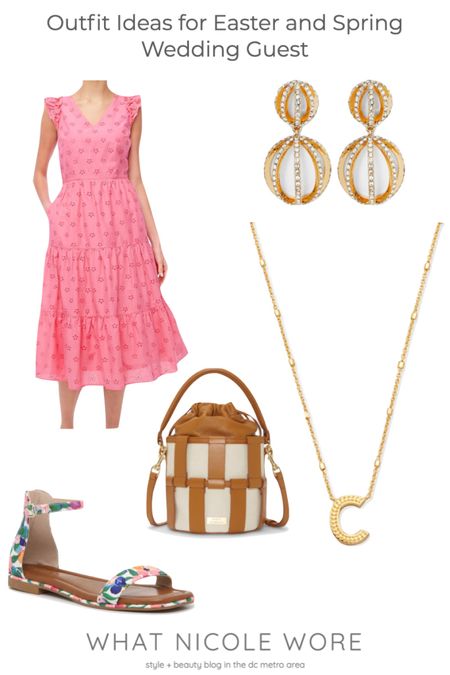 A pink eyelet dress that’s perfect for Easter (or Kentucky Oaks day!). Paired this midi dress with a cute statement bag, an initial necklace, and some fun drop earrings that you can wear with every outfit. // floral sandals, bucket bag, pink dress, midi dress, Easter dress, work dress, what to wear to Kentucky oaks

#LTKshoecrush #LTKunder50 #LTKsalealert
