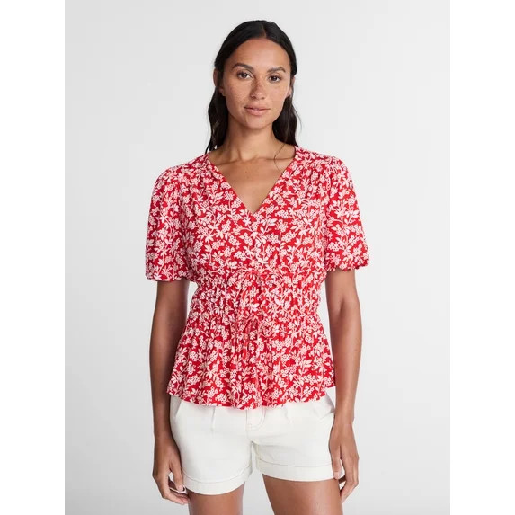 Time and Tru Women's and Women's Plus V-Neck Shirred Peplum Top, Sizes XS-XXXL | Walmart (US)