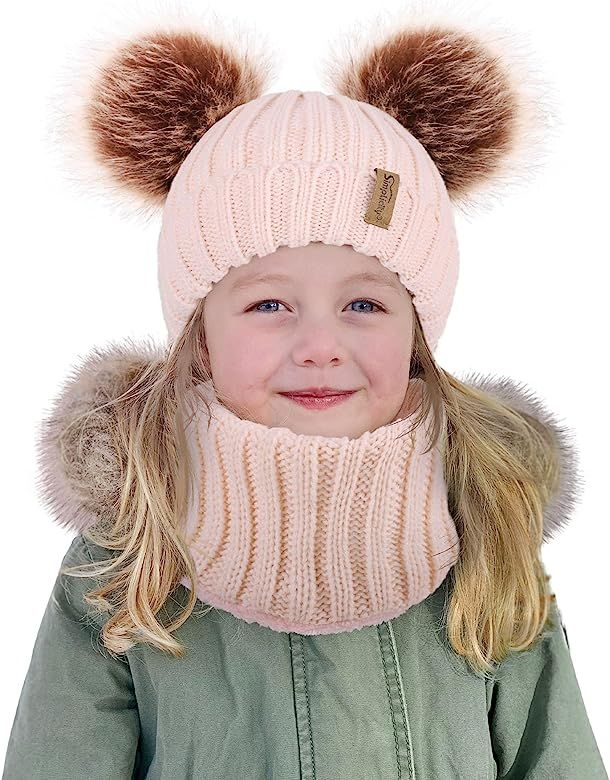 Simplicity Kids Cute Pom Pom Winter Beanie Hat and Scarf Set for Boys Girls Kids Knitted Fleece Line | Amazon (US)