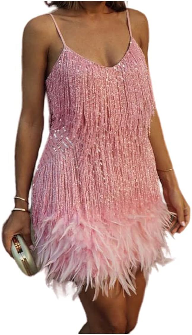 Yanfoam Womens Tassel Feather Sequin Dress and Sexy V Neck Spaghetti Strap Dress for Women | Amazon (US)