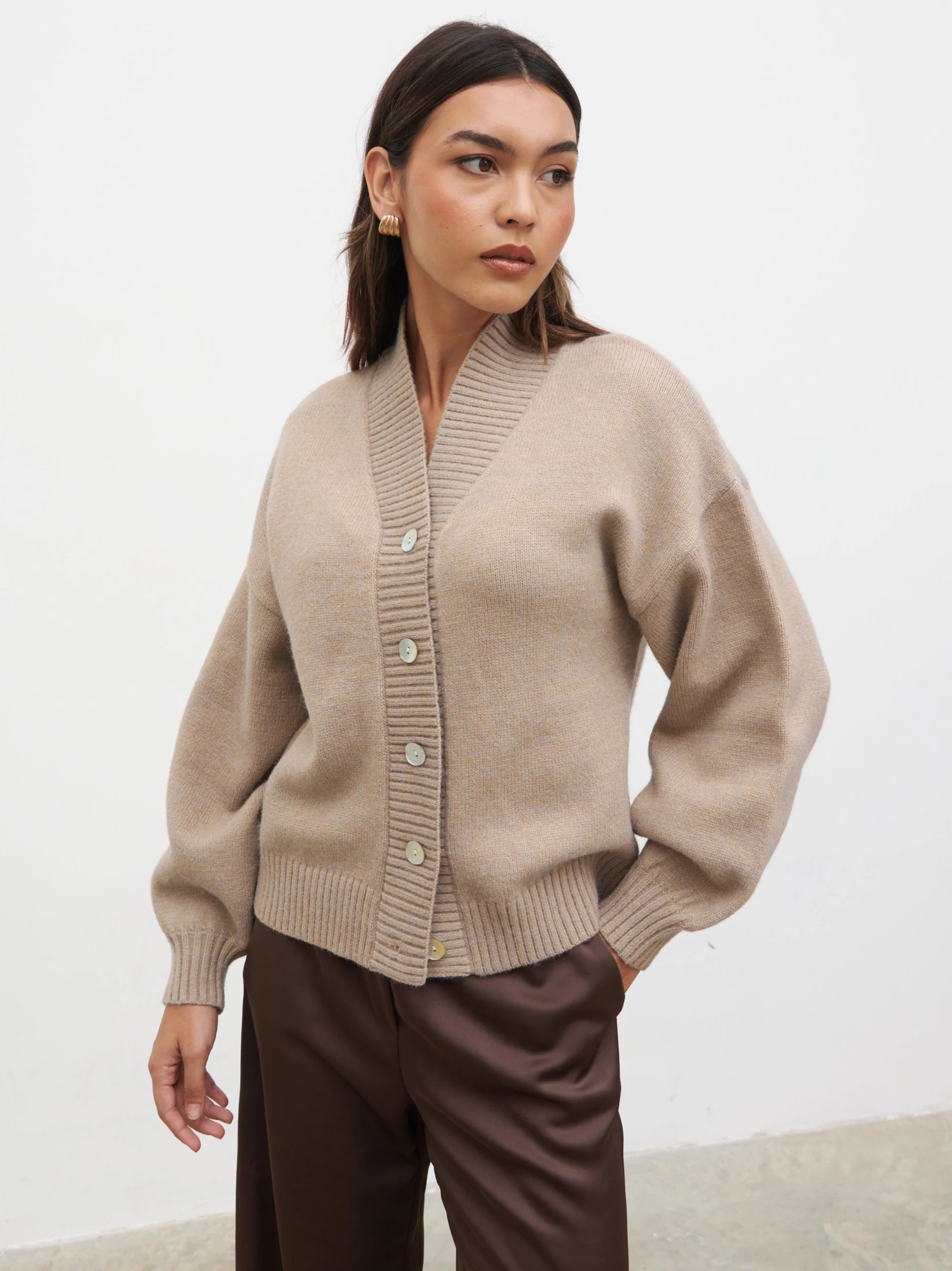 Lorrie Chunky Knit Buttoned Bomber - Dark Beige | Pretty Lavish (UK)