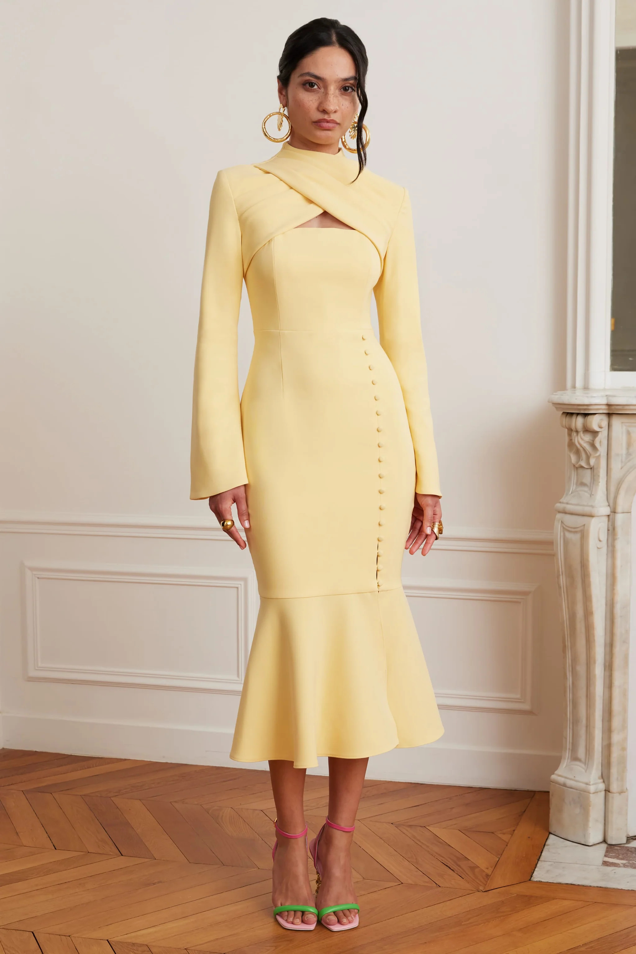 KIMORA Cross Over High Neck Fluted Midi Dress In Yellow | Lavish Alice Retail Ltd