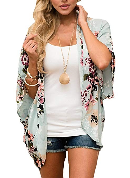 Chunoy Women Casual Floral Short Sleeve Chiffon Kimono Shawl Blouse Top | Amazon (US)