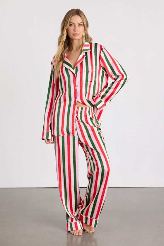 Classic White Multi Jolly Stripes Satin Two-Piece Pajama Set | Lulus