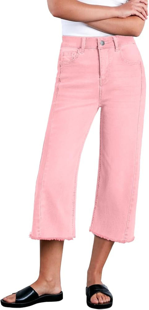 Sidefeel Women's Capri Jeans High Waisted Wide Leg Stretchy Raw Hem Side Seam Zimbaplatinum Denim... | Amazon (US)