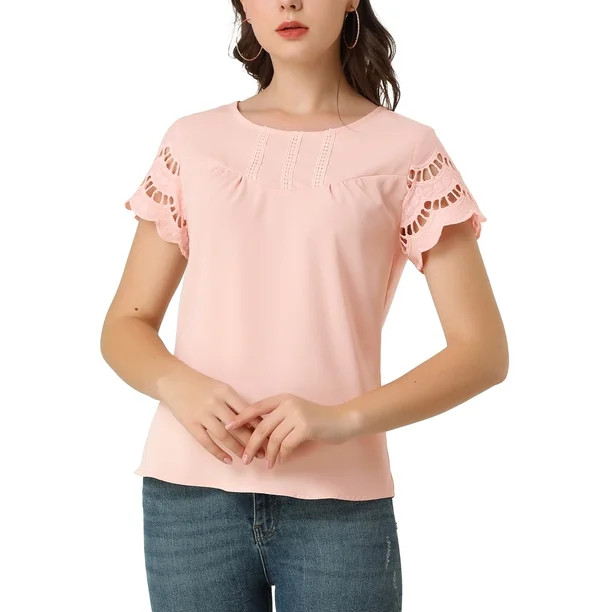 Allegra K Women's Casual Lace Sleeve Cotton Lace Panel Blouses | Walmart (US)