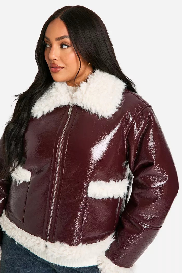Plus Vinyl Faux Fur Trim Jacket | boohoo (US & Canada)
