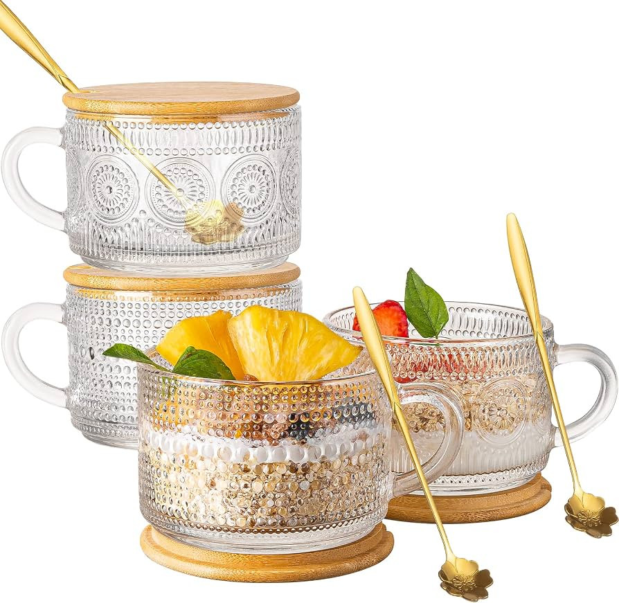 wookgreat Vintage Coffee Mugs Set of 4, Overnight Oats Containers with Bamboo Lids and Spoons - 1... | Amazon (US)