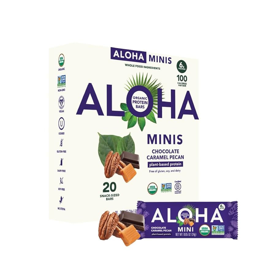 ALOHA Organic Plant Based Protein Bar MINIS |Caramel Chocolate Pecan | 20 Count, 24g Bars | Vegan... | Amazon (US)